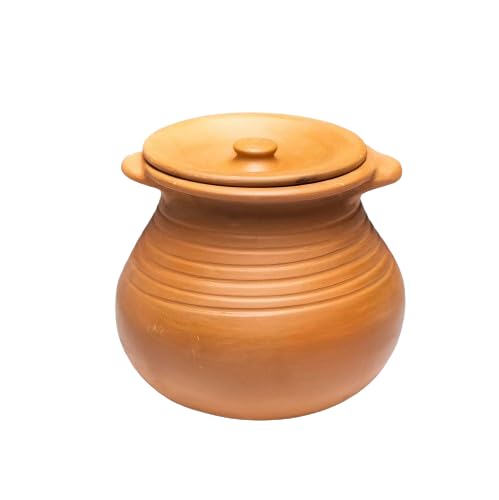 Unglazed Earthen Dahi Handi With Lid 2.5 Liters - Red-Ochre (Gerua) | Curd Pot - Biryani Handi - Clay Pot With Lid | Also For Serving With Lid