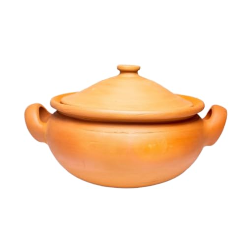 Exclusive Range Unglazed Clay Pot For Cooking & Serving Lid, Red-Ochre (Gerua) | Earthen Kadai | Mud Biryani Handi | Mitti Ke Bartan Mirror Shine 2.5 Liters, 2 Pieces