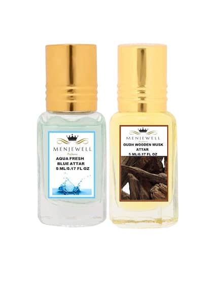 Menjewell Aqua Fresh Blue + Oudh Wooden Musk Attar Perfume 5ml 0.17 Fl.oz. Each Pack Of 2 | Unisex Fragrance | Long Lasting