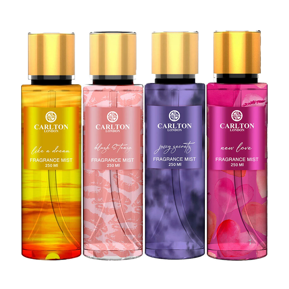 CARLTON LONDON PERFUME BLUSH & TEASE + JUICY SECRETS + LIKE A DREAM + NEW LOVE BODY MIST 250ML 8.4 FL.OZ. EACH COMBO OF 4