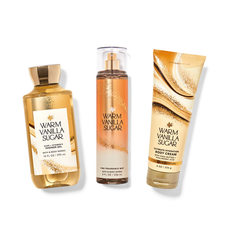 BATH & BODY WORKS WARM VANILLA SUGAR SHOWER GEL , BODY CREAM & MIST 3PCS 757ML 25.5 FL.OZ.