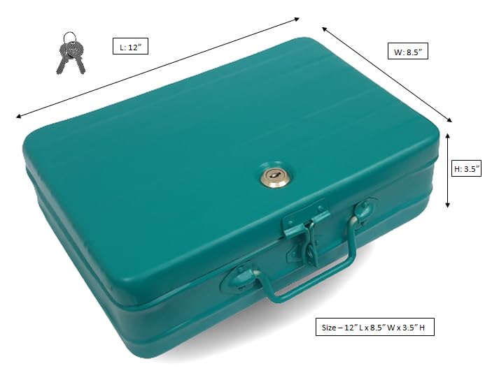 Aluminium Cash Box With Lock For Jewellery Storage And Organizing Ideal For Wardrobe, Desktop - Locker Safe Peti Metal Container 12" (12" L X 8.5" W X 4" H), Colour - Green