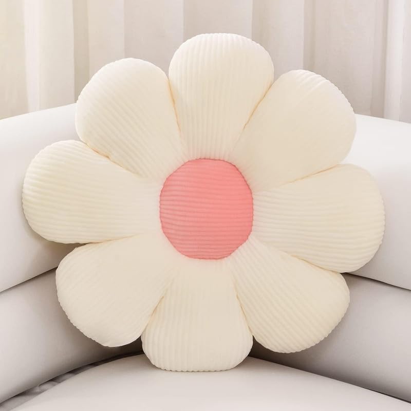 Cute Daisy Shaped Throw Pillows, Cute Preppy Decorative Pillows, White & Pink - 35 Cm | Floor Cushion, For Girls Bed Room Couch, Sofa, Chair, Aesthetic Décor | Washable, Versatile Use