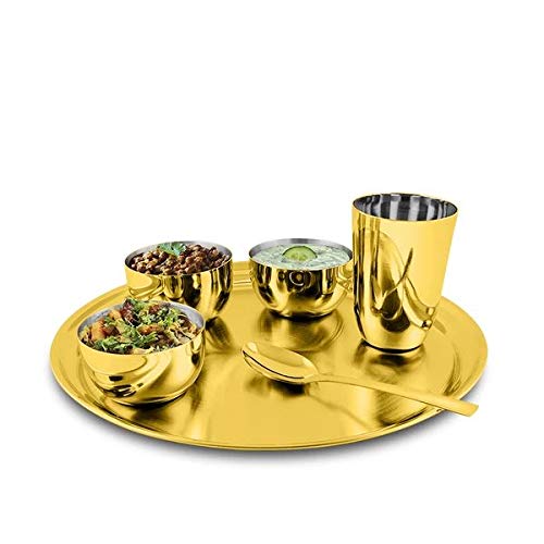 High Grade Stainless Steel Thali Set Majestic, Gold | 1 Thali+ 3 Katoris + 1 Glass+ 1 Dessert Spoon - Easy To Clean & Dishwasher Safe