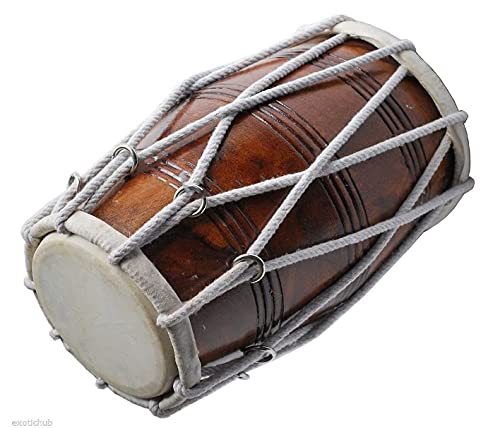 Sheesham Wood Dholak Rope Tuned - Brown | Perfectly Symmetric Round Dholak - Dholak For Festival, Wedding, Satsang | Goat Skin On The Tune & Bass Head