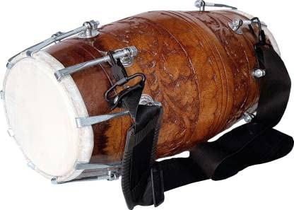 Mango Wood 3D Flower Carving Design Nut & Bolt Dholak With Bag - Brown | Perfectly Symmetric Round Dholak - Dholak For Festival, Wedding, Satsang | Very Easy To Tune