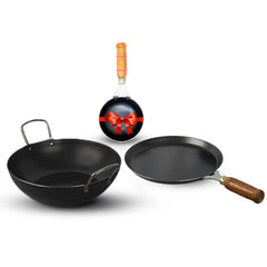 Pre-Seasoned Black Iron Cookware Set + Free Tadka Pan 16.4 Cm - Kadai 25 Cm, 2 Liters + Tawa 26 Cm | Kitchen Cooking Combo Pots & Pans Set Of 3 Pcs - Naturally Nonstick