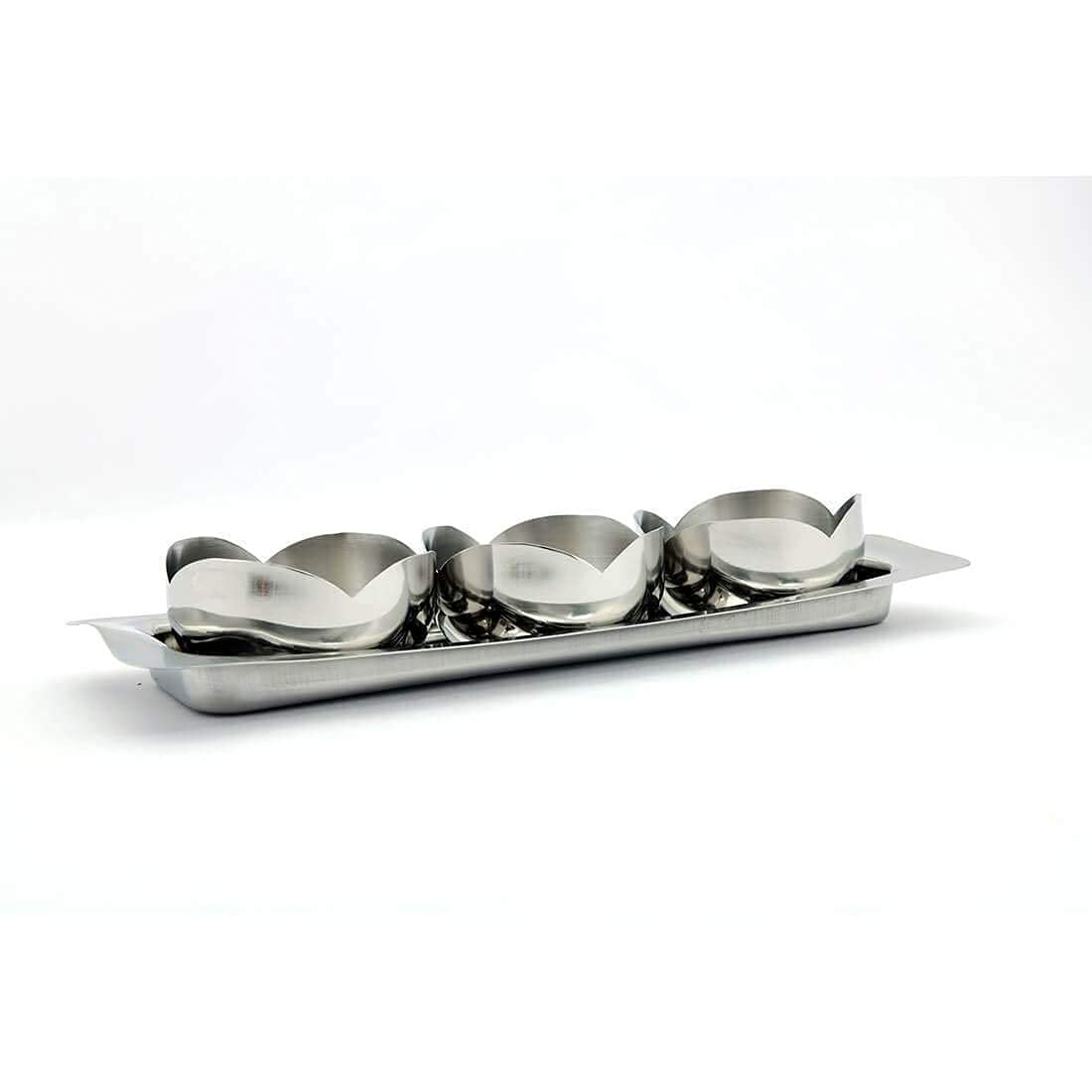 High Grade Stainless Steel Tacos 3 Pcs Bowl Set With Tray | Server Like Any Foods, Snack, Sweet, Etc. - 8.5 Cm Each, 300ml Each Bowl + 30 Cm Tray