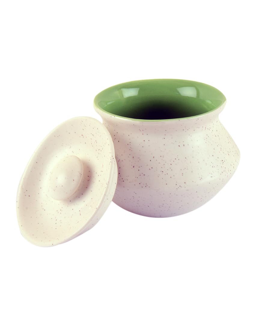 Ceramic Matt Finish Handi With Lid Set Of 2 - 300ml Each, White & Green | Dahi Handi - Serving Pot - Biryani Handi