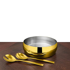 High Grade Stainless Steel 3 Pieces Salad Bowl With Gold PVD Coating For Salad Serving | 2 Pieces Serving Spoon + 1 Pc Salad Bowl 22 Cm