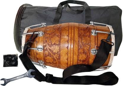 Mango Wood 3D Flower Carving Design Nut & Bolt Dholak With Bag - Brown | Perfectly Symmetric Round Dholak - Dholak For Festival, Wedding, Satsang | Very Easy To Tune