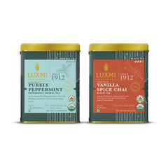 Luxmi Estates Purely Peppermint Herbal Tea 25gm Tin, 0.8 Ounce + Vanilla Spice Chai Black Tea 100gm Tin, 3.5 Ounce | USDA Certified Organic Tea - Caffeine Free Tea For Energy