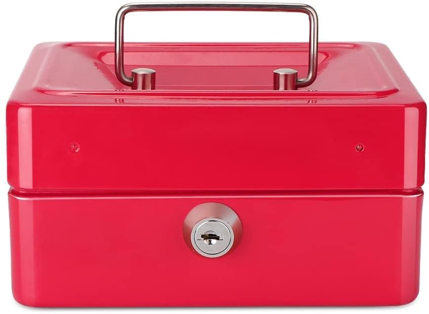 Metal Cash Box With Money Tray, Small Cash Box With Key Lock, Money Slot, Money Coin Safe Security Box Household For Home Office Hotel Business Use, Colour - Red