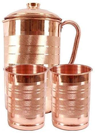 Copper Jug Pitcher 1.5 Liters With 2 Glass Tumbler 300ml Each Glass - Copper Jug Pitcher For Kitchen Serve Ware & Drinkware