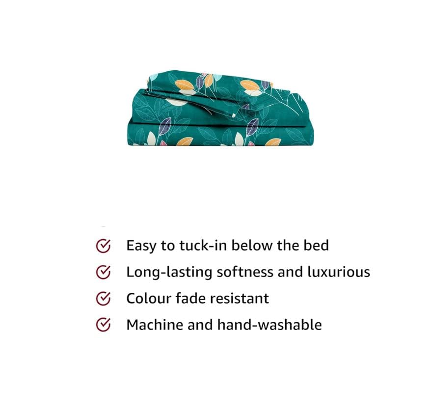 100% Cotton Single Bedsheets With 1 Matching Pillow Covers - 58 X 88 Inches, Dark Green | Luxurious Beautiful Soft Comfort Designer Floral Pattern Bedsheet