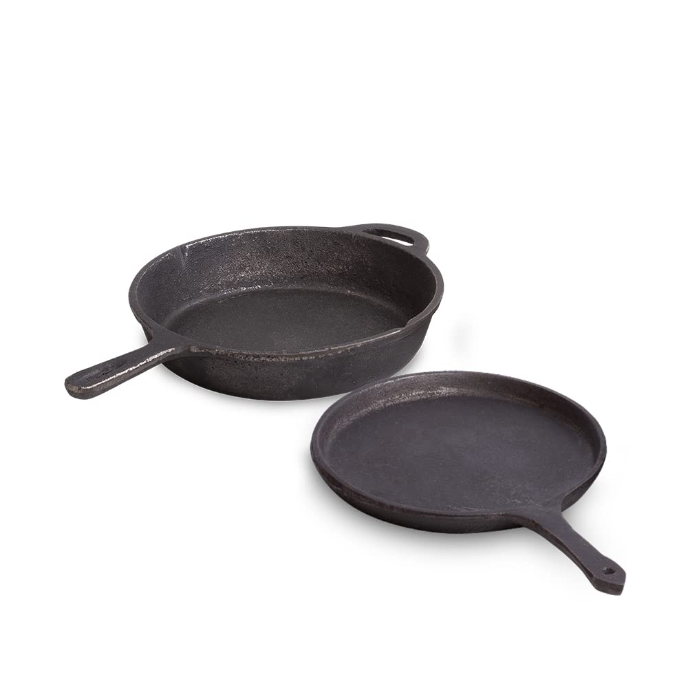 Pre-Seasoned Black Cast Iron Cookware Set - Fry Pan 25 Cm, 1.6 Liters + Tawa 25.7 Cm | Kitchen Cooking Combo Pots & Pans Set Of 2 Pcs - Naturally Nonstick