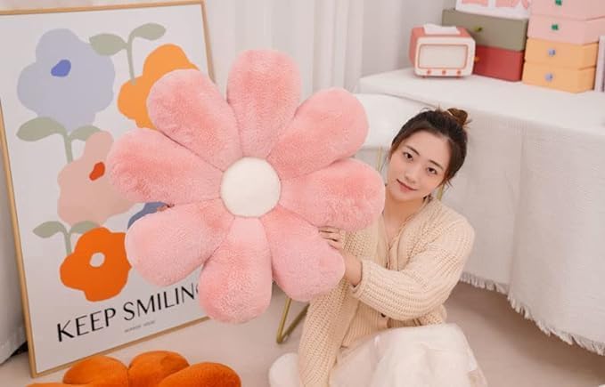 Sunflower Shaped Throw Pillows, Cute Stuffed Decorative Pillows, Pink & White - 35 Cm | For Girls Bed Room, Couch Sofa, Chair, Aesthetic Décor | Washable, Versatile Use, Thoughtful Gift