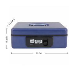 Imported Metal Cash Box With Dual Combination & Password Lock Large Size Money Box For Cash, Jewellery Safe Locker With Removable Plastic Coin Tray, Colour - Blue, Material - Metal