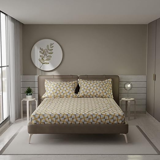 1 Bedsheet For Double Bed With 2 Pillow Covers - 90 X 100 Inches, Yellow & Grey | Premium Cotton Material Double Bedsheet Queen Size | Skin Friendly & Long Lasting