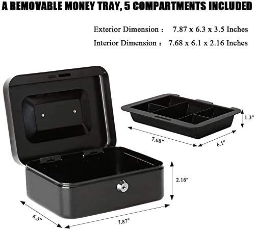 8 Inch Petty Cash Box With Combination Number Lock & Removable 5 Section Coin Tray Perfect Secure Storage For Loose Change, Colour - Black