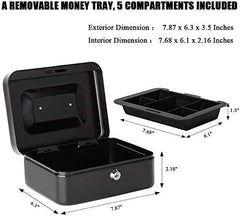 8 Inch Petty Cash Box With Combination Number Lock & Removable 5 Section Coin Tray Perfect Secure Storage For Loose Change, Colour - Black