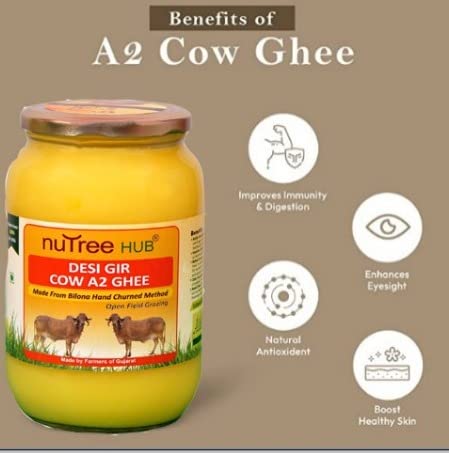 100% Pure Desi Gir Cow A2 Ghee By Nutree Hub | Traditional Bilona Method Healthy Desi Ghee For Protact Eyesight | (1 Litre) 33.8 Ounce | Jar Pack