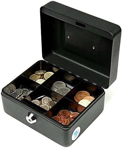 Small Cash 6’’ Inch Box With Key Lock, Portable Steel Cash Safe Box Petty Cash Tinlockable Cash Money Coin Safe Security Box, Colour - Black
