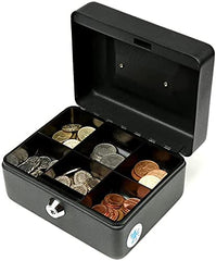 Small Cash 6’’ Inch Box With Key Lock, Portable Steel Cash Safe Box Petty Cash Tinlockable Cash Money Coin Safe Security Box, Colour - Black