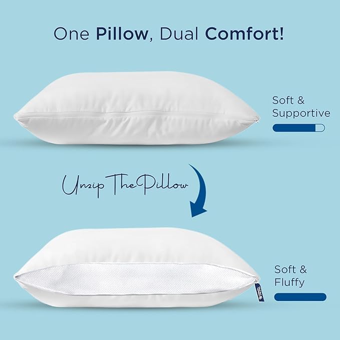 Smart Adjustable Plush Pillow, Super Soft & Fluffy Pillow, Microfiber, White | Neck Support, Lightweight, Breathable, Rectangular Shape, Bed Pillow - Pack Of 2