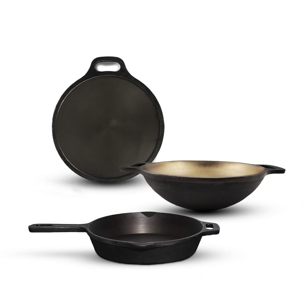 Super Smooth Black Cast Iron Cookware Set - Tawa 30.5 Cm + Kadai 25.4 Cm, 2.5 Liters + Fry Pan 25.4 Cm, 1.9 Liters | Kitchen Cooking Combo Pots & Pans Set Of 3 Pcs - Naturally Nonstick