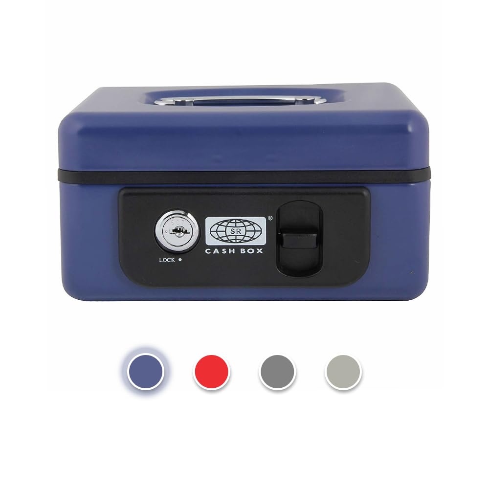 Imported Metal Cash Box With Dual Combination & Password Lock Small Size Money Box For Cash, Jewellery Safe Locker With Removable Plastic Coin Tray, Colour - Blue, Material - Metal