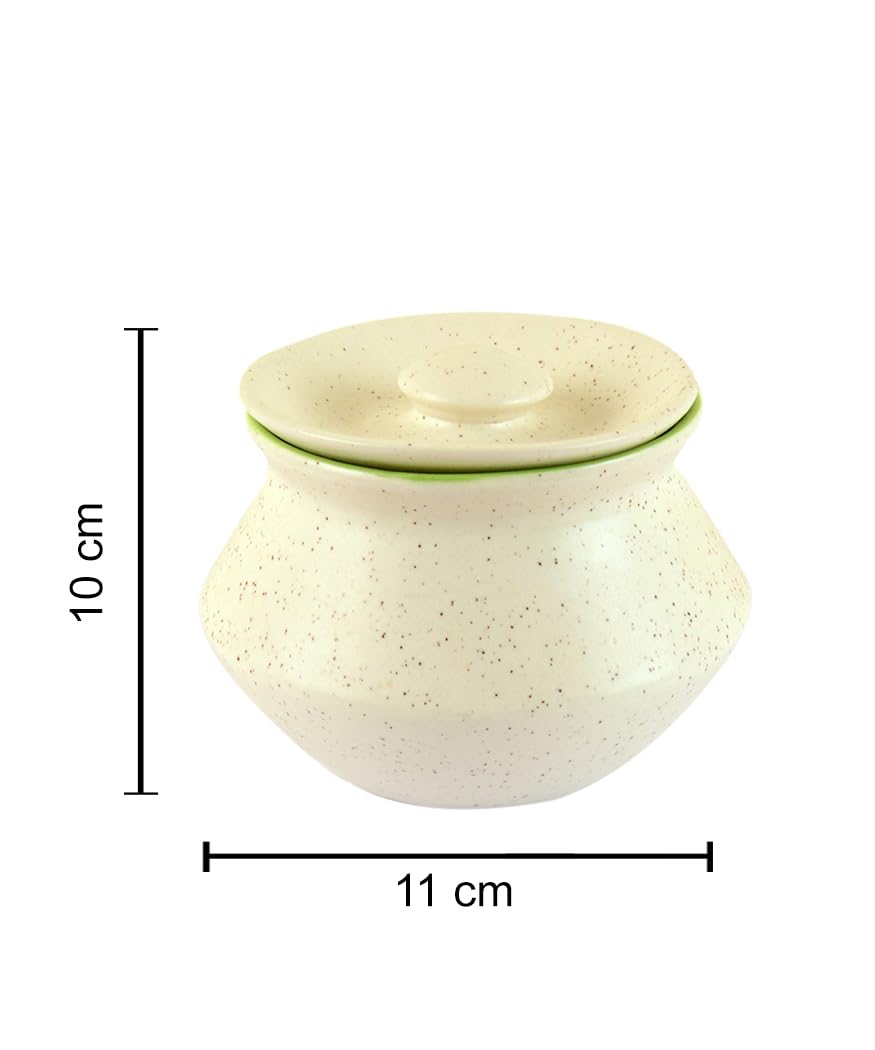 Ceramic Matt Finish Handi With Lid Set Of 2 - 300ml Each, White & Green | Dahi Handi - Serving Pot - Biryani Handi