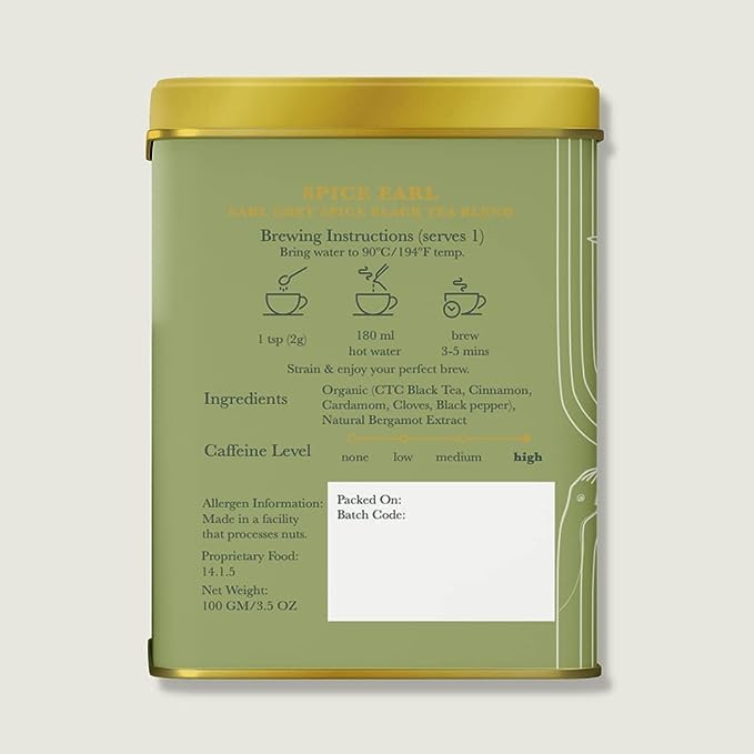 Luxmi Estates Spice Earl Grey Black Tea Blend Pack Of 2 - 100gm Tin, 3.5 Ounce Each | USDA Certified Organic Tea - Caffeinated Herbal Tea | Made With Cinnamon, Cardamom, Cloves, Black Pepper