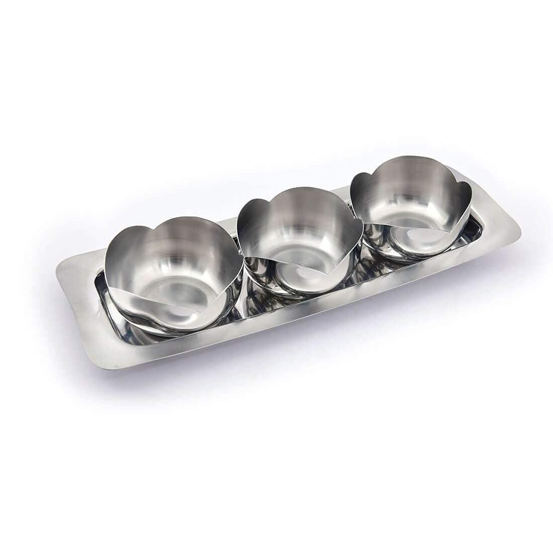 High Grade Stainless Steel Tacos 3 Pcs Bowl Set With Tray | Server Like Any Foods, Snack, Sweet, Etc. - 8.5 Cm Each, 300ml Each Bowl + 30 Cm Tray