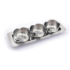 High Grade Stainless Steel Tacos 3 Pcs Bowl Set With Tray | Server Like Any Foods, Snack, Sweet, Etc. - 8.5 Cm Each, 300ml Each Bowl + 30 Cm Tray