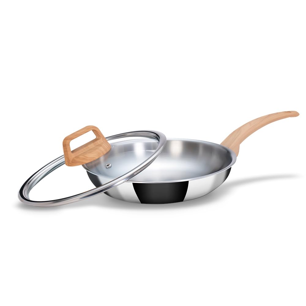 Timber Stainless Steel Triply Frypan With Glass Lid - 24 Cm, 1.8 Liters | Wood Finished Handle - Gas & Induction Base | 7 Yrs Warranty