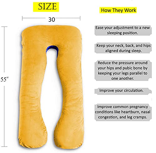 U Shaped Pillow, Pregnancy Pillow For Maternity & Baby Nursing - Gold, Royal Blue | Pregnant Women Stomach, Spine, Neck Support, Velvet Outer Cover With Zip, Full Body Pillow, Adjustable