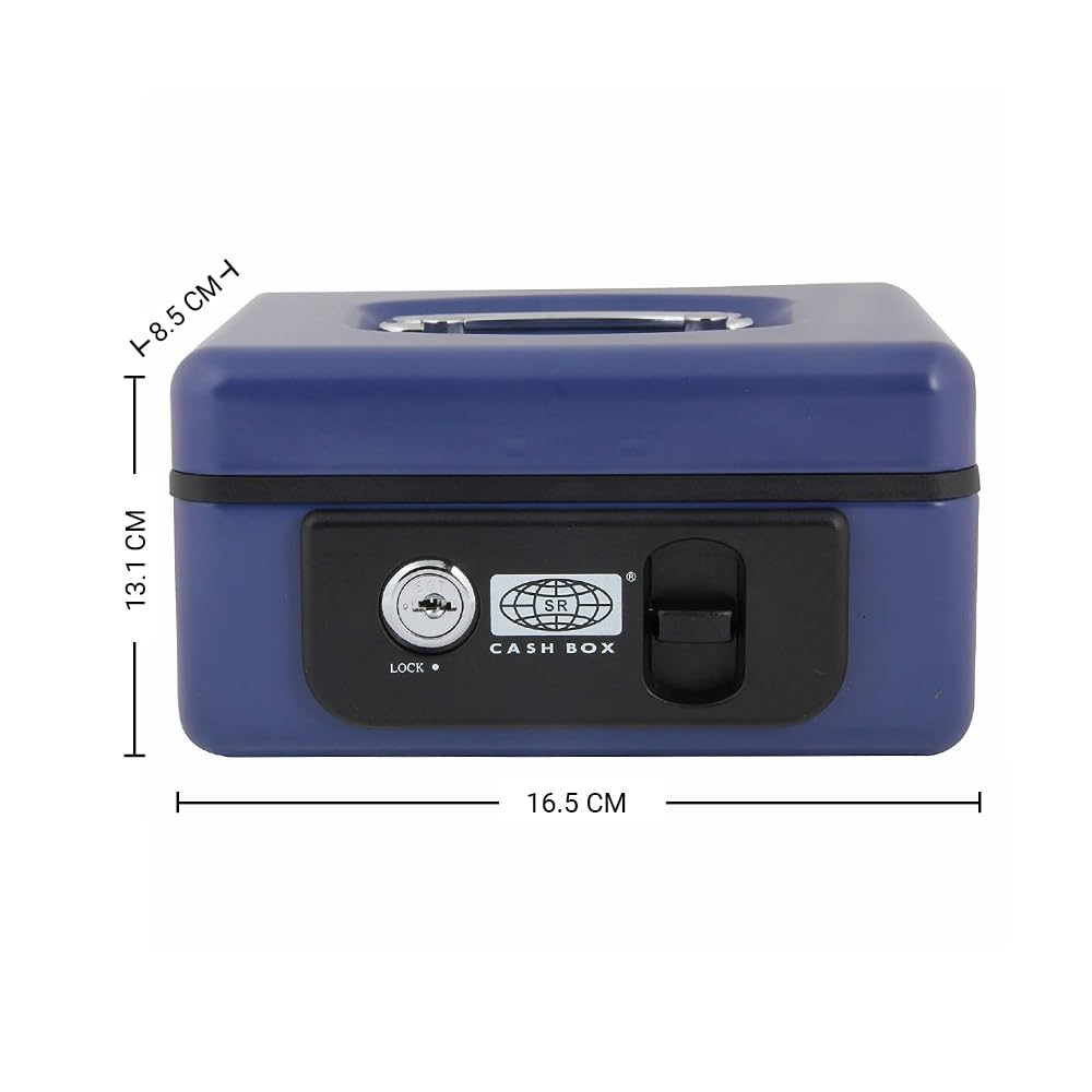 Imported Metal Cash Box With Dual Combination & Password Lock Small Size Money Box For Cash, Jewellery Safe Locker With Removable Plastic Coin Tray, Colour - Blue, Material - Metal