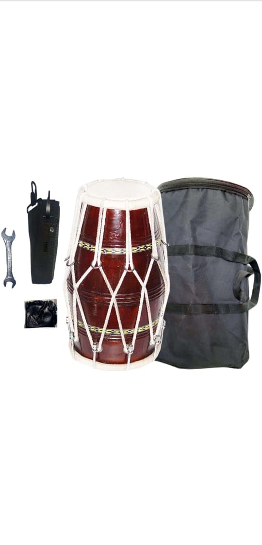 Rope Rings Dholak With Full Tool Kit Bag, Tuning Key, Belt - Brown | Perfectly Symmetric Round Dholak - Dholak For Festival, Wedding, Satsang | Very Easy To Tune