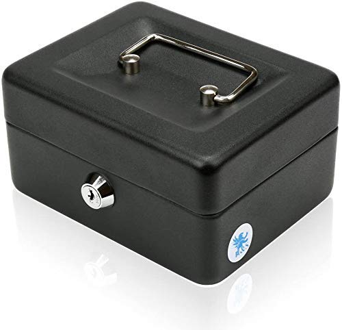 Small Cash 6’’ Inch Box With Key Lock, Portable Steel Cash Safe Box Petty Cash Tinlockable Cash Money Coin Safe Security Box, Colour - Black