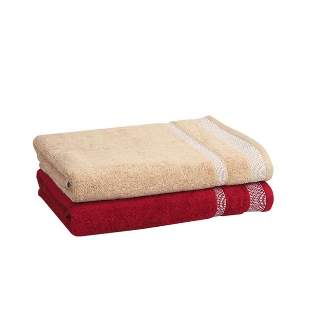 Mafatlal Premium Cotton Bath Towel 1100 Gsm | Quick Dry, Durable Long Size Towel- Pack Of 2 (Cream & Red)