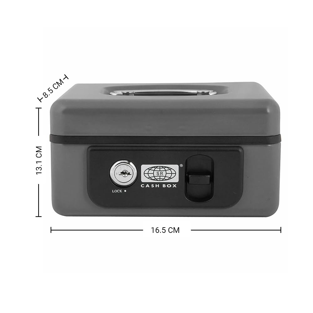 Imported Metal Cash Box With Dual Combination & Password Lock Small Size Money Box For Cash, Jewellery Safe Locker With Removable Plastic Coin Tray, Colour - Dark Grey, Material - Metal