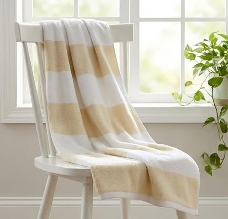 Cotton Bolls Textiles Premium 100% Cotton Bath Towel 450 Gsm | Ultra-Soft & Absorbent Quick Dry Durable Stripe Design Towel (Beige)