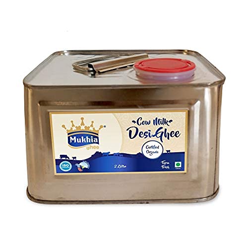 Natural Premium A2 Cow Desi Ghee By Mukhia | Delicious Healthy & Nutritious Cow Ghee Perfect For | Cooking | (2 Litr) 67.6 Ounce | Tin Pack