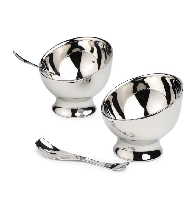 Chrome Stainless Steel Ice Cream Dessert Bowl With Spoon - Set Of 2 | Corporate Gifting For Diwali - Dessert Cups For Ice Cream