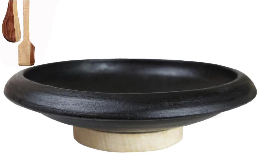 Deep Burned Uncoated Clay Tawa Or Mitti Pan For Cooking & Serving With 2 Wooden Spatulas Complimentary - Black, 10 Inches | Pre-Seasoned Mud Tava - Unglazed, Double Fired, Hand Crafted