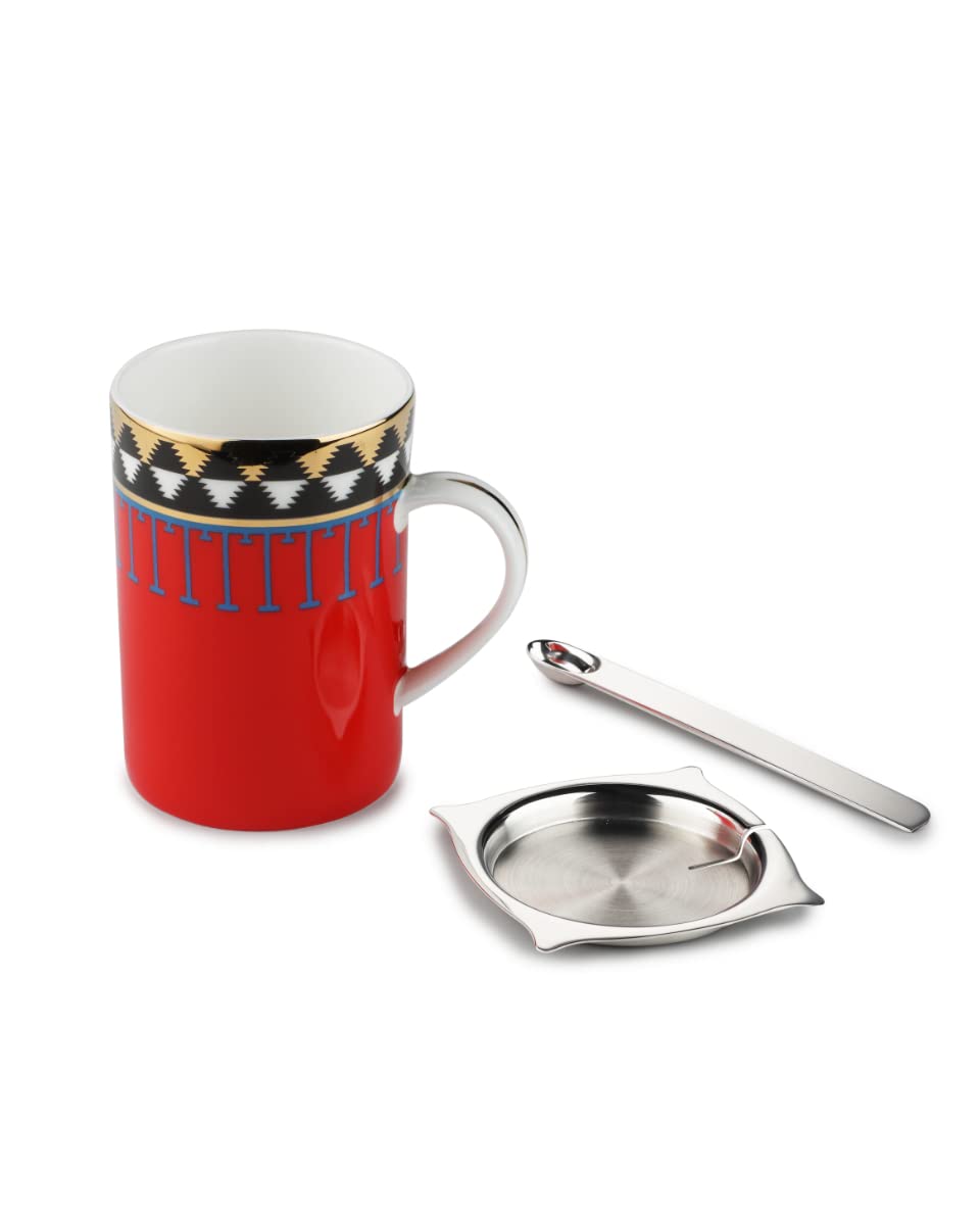 Ceramic Mug & Stirrer Set Of 2 Red & Chrome, 300ml | Cappuccinos Mug, Espresso Mug, Green Tea Mug With Handle For Coffee Multi-Purpose Mug Set | Corporate Gifting For Diwali