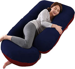 J Shaped Pillow, Pregnancy Pillow For Maternity & Baby Nursing - Dark Blue & Maroon | Pregnant Women Stomach, Spine, Neck Support, Velvet Outer Cover With Zip, Foldable, Multipurpose Use