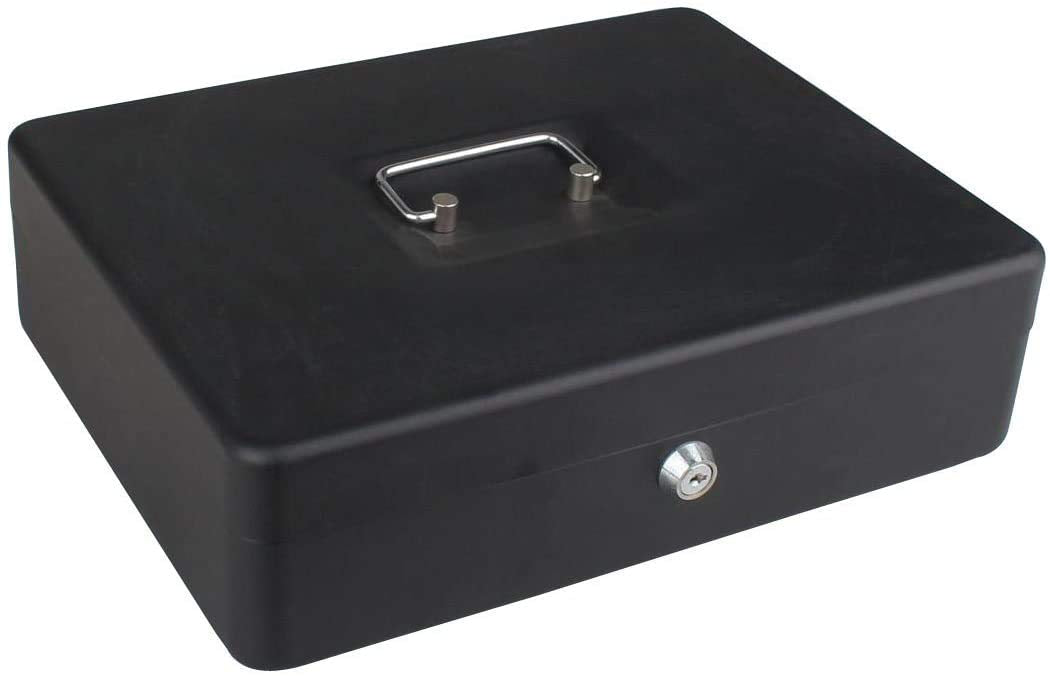 Key Lock Metal Cash Box, Portable Double Layer Money Tin With Coin Tray Keeping Your Money Safe On The Go, 12 Inch, Colour - Black