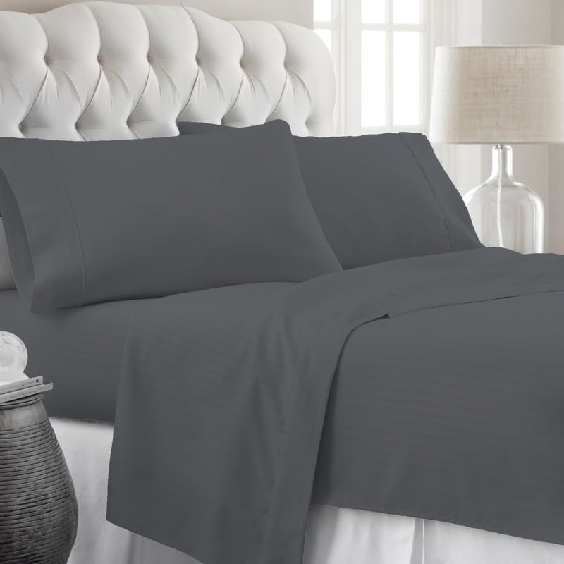 Striped King Size Fitted Bedsheet With 2 Pillow Cover - 72 X 78 + 12 Inches, Dark Grey | Comfortable, Wrinkle Resistant, Fade Resistant & Environmentally Friendly